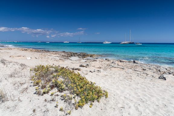 Plage de sable blanc bordée d'eau turquoise et de voiliers au loin.